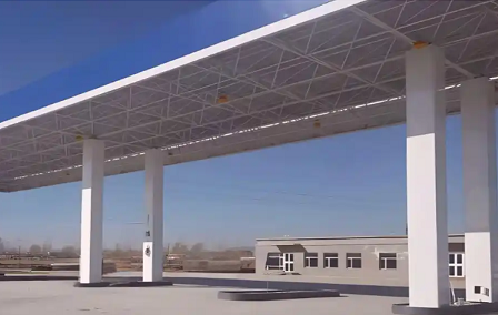 海西钢结构加油站罩棚_螺栓球网架_挑檐_形象柱！